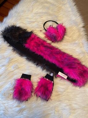 Vintage Y2K Juicy Couture pink and black faux fur scarf, earmuffs, gloves set
